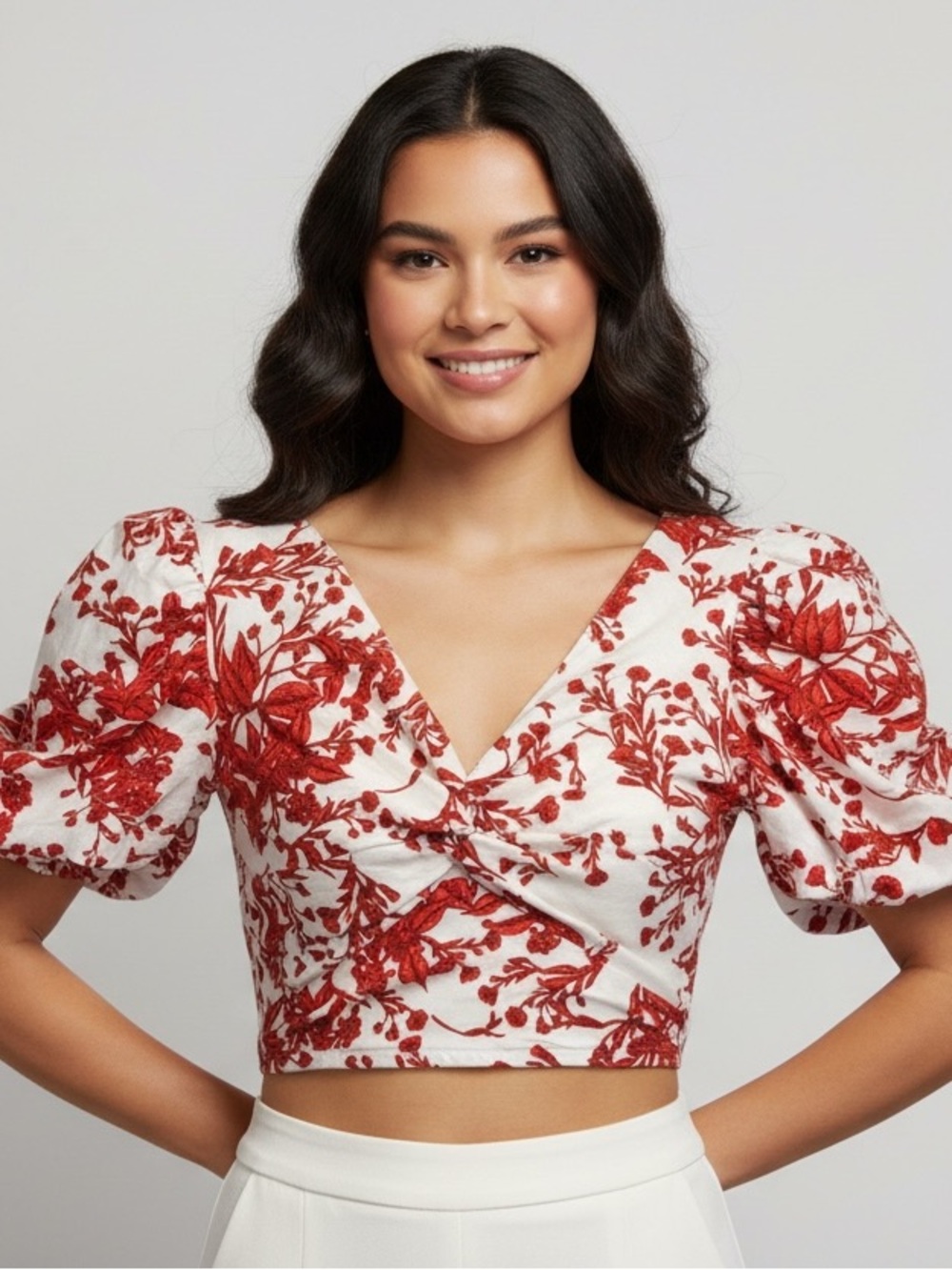 Red Floral Puff Sleeve Crop Top XS Cottagecore Coquette Milkmaid Top